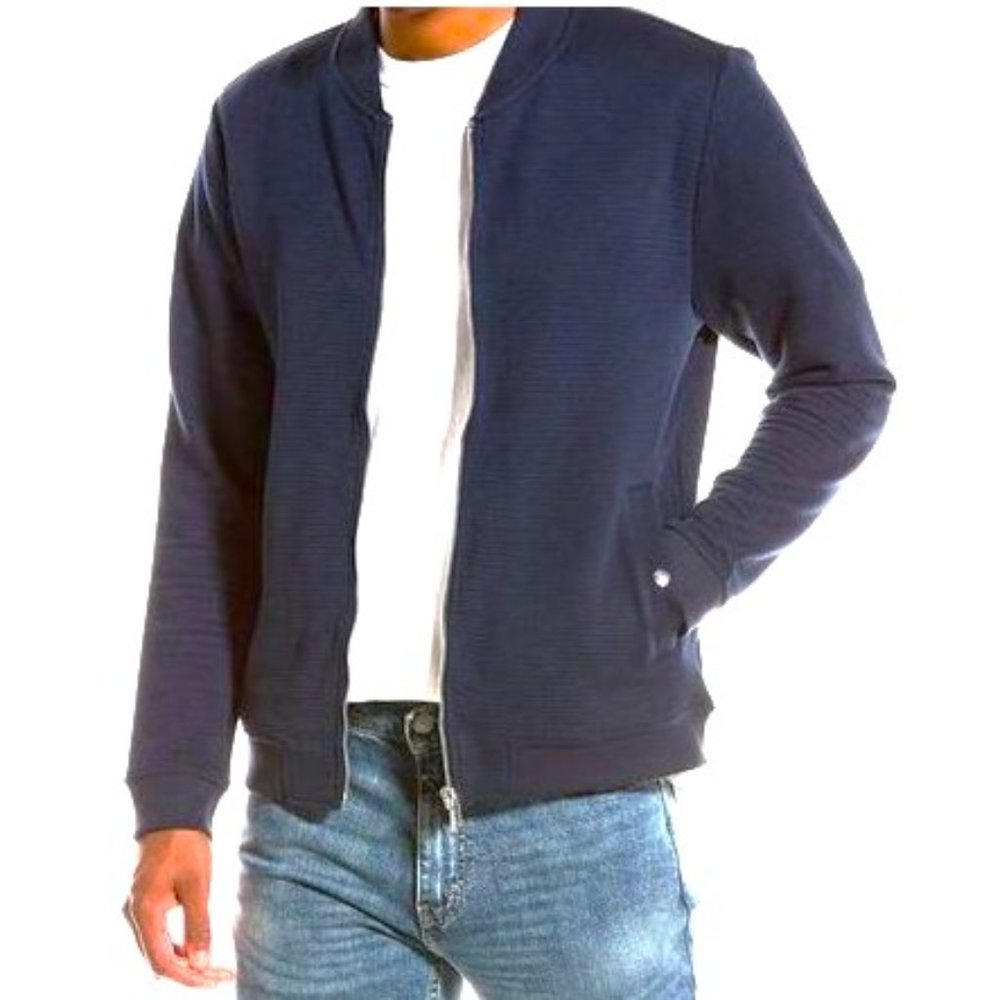 Magaschoni Man Full Zip Bomber Sweater Jacket Navy Ribbed Knit Snap Pockets L